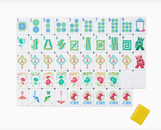 Pippa Mahjong Tiles, colorful and organized by suit and type, with one yellow tile set apart. Available in multiple sizes.