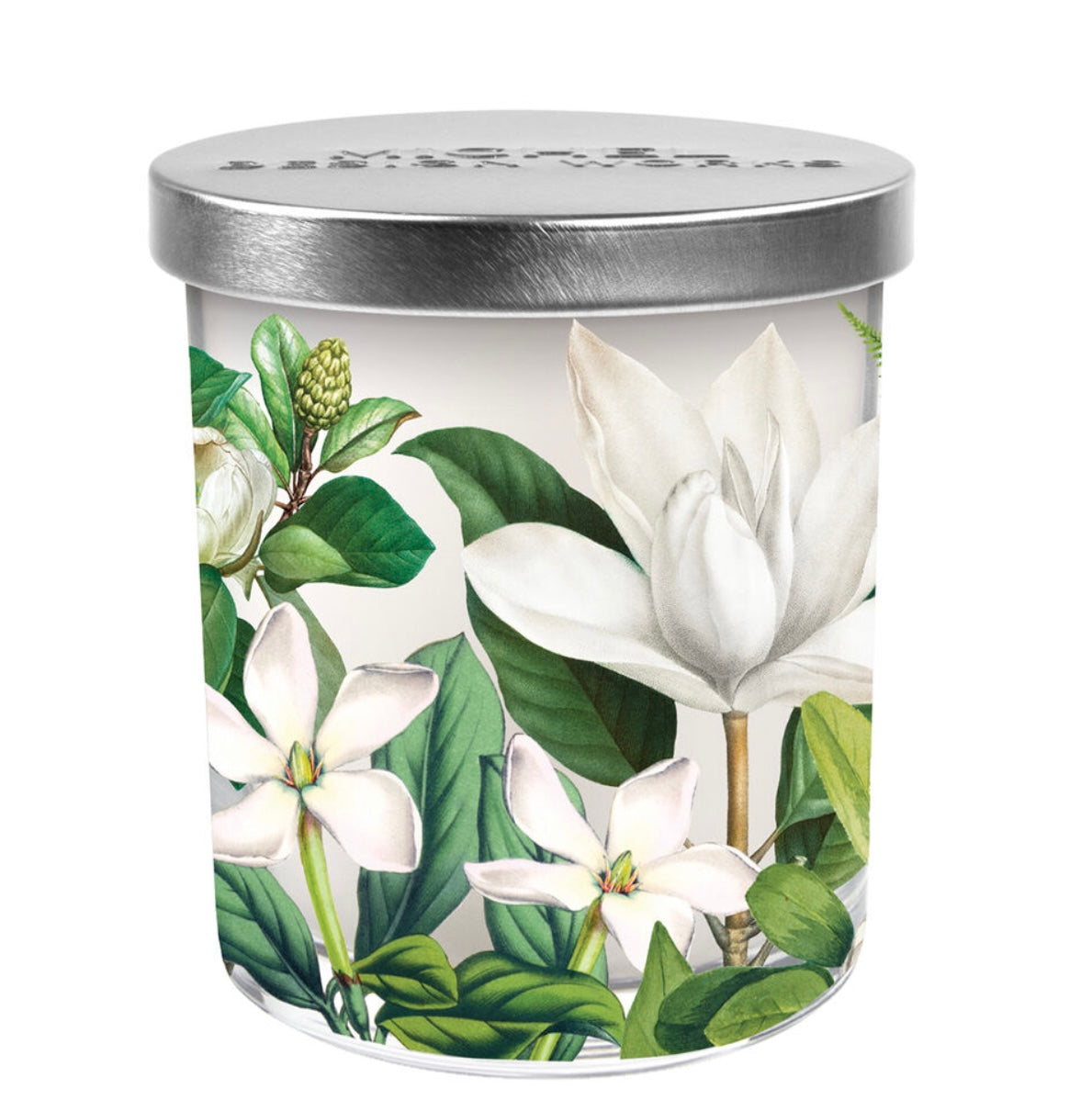 Magnolia Petals Jar Candle with silver lid, floral citrus-scented soy blend. Sizes: 8oz, 16oz.