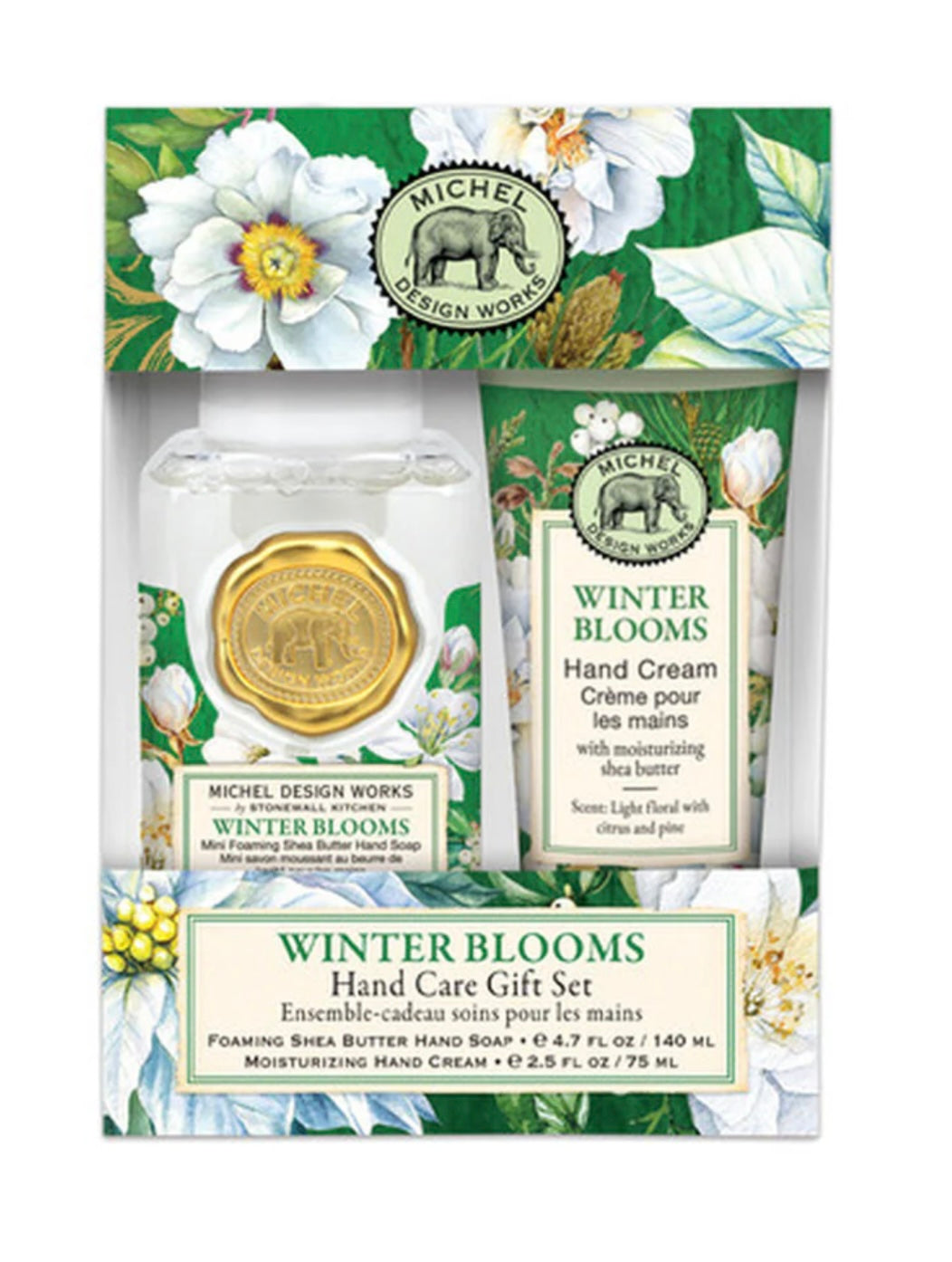 Winter Blooms Handcare Gift Set: foaming shea butter hand soap and lotion in green/white floral packaging, 17.8 oz & 8 oz.
