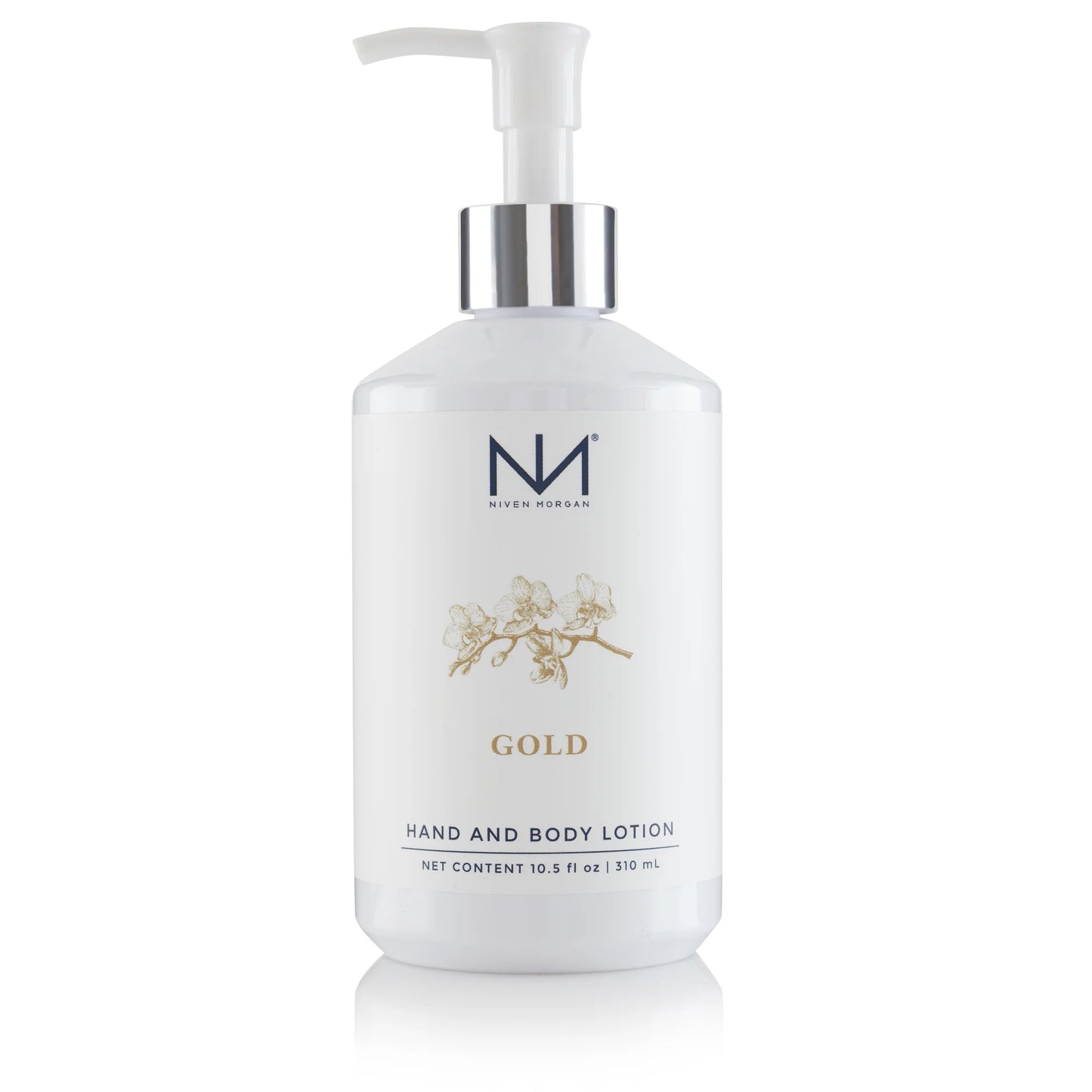 Gold Hand and Body Lotion, white pump bottle, gold floral label, paraben-free, 10.5 fl oz (310 mL).