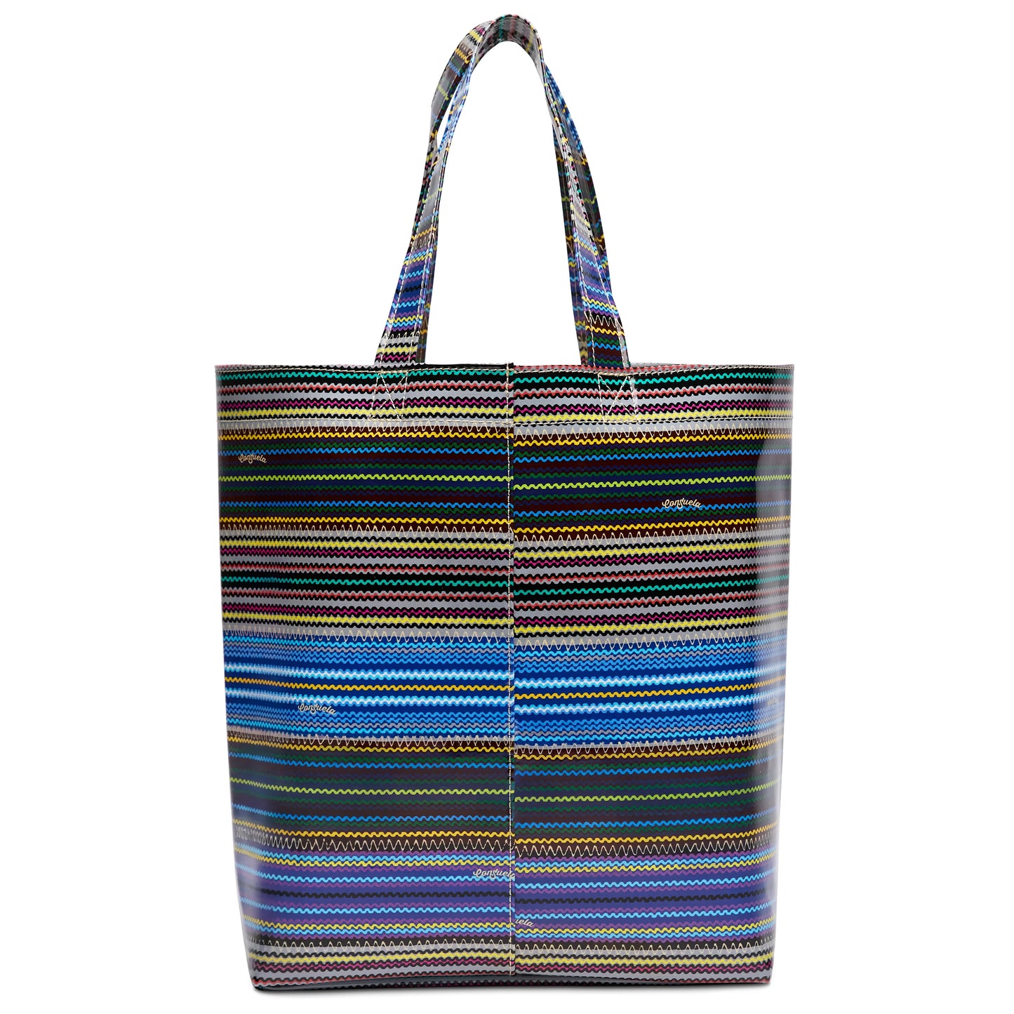 Large ConsuelaCloth utility tote with two handles, bold blue, orange, yellow, green, black stripes. Available in size Large.