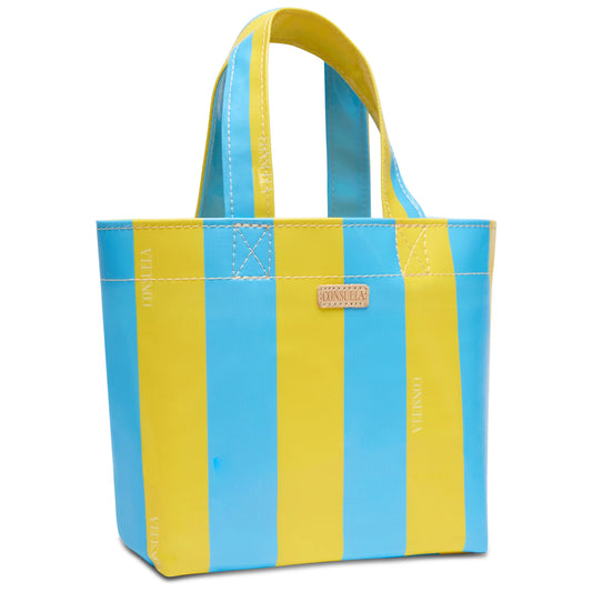 Small ConsuelaCloth tote, blue and yellow vertical stripes, two handles, front logo patch. Size: Mini.