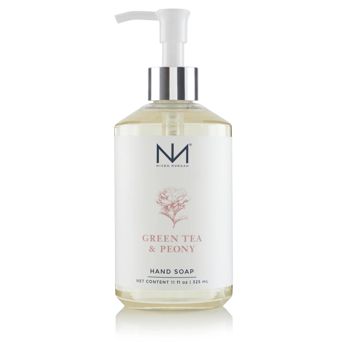 Green Tea & Peony Hand Soap in a clear 11 fl oz (325 mL) pump bottle with white floral label and silver accents. Paraben-free.