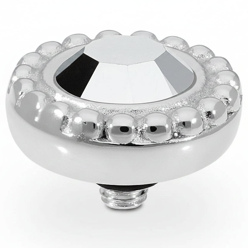 Round silver 11mm QUDO top with faceted European crystal, raised border, and threaded screw for easy jewelry attachment.