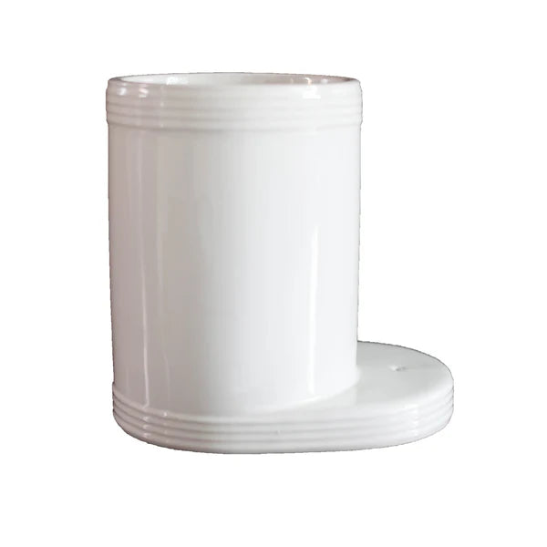 White ceramic Pinstripes Utensil Crock with cylindrical shape, flat oval base, and horizontal ridges. Available in multiple sizes.