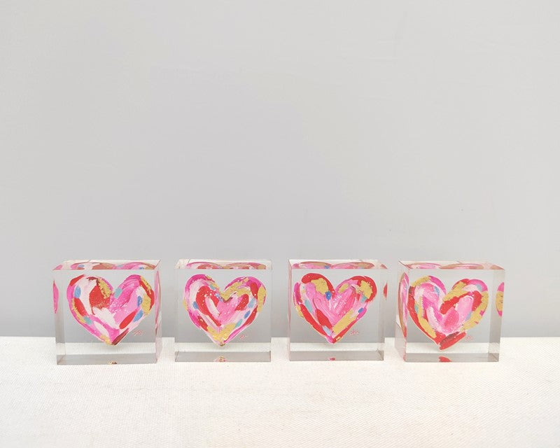 Acrylic Heart Block with gold leaf, hand-painted heart in pink, red, yellow, or orange. Available in four styles.