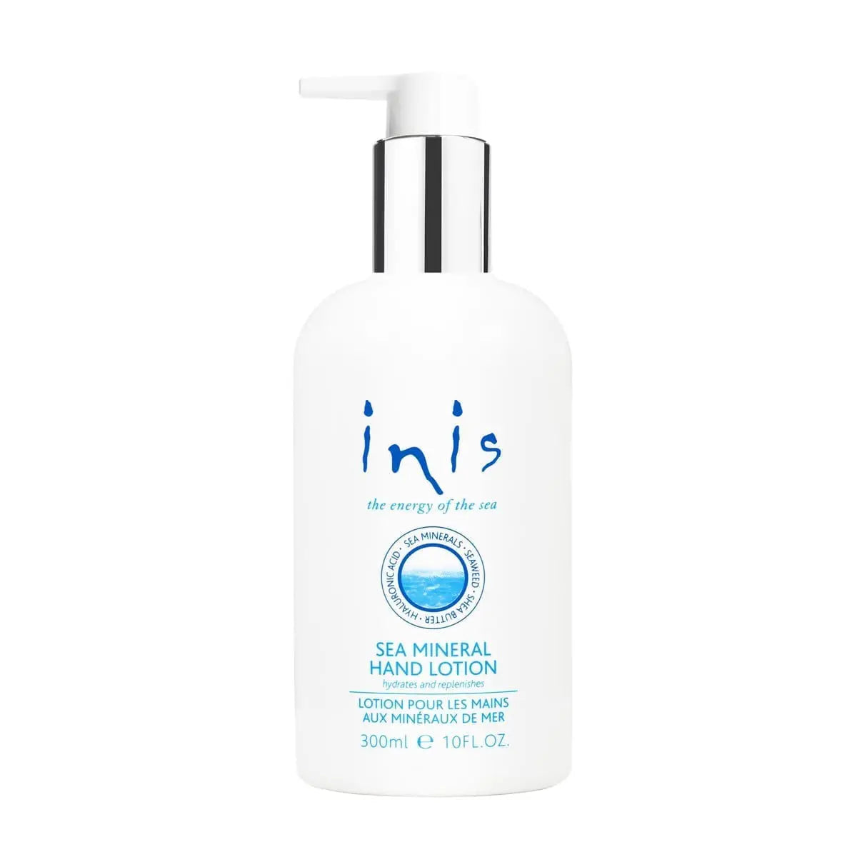 White pump bottle of Inis Sea Mineral Hand Lotion, blue text, sea emblem, 300ml/10 fl. oz. size.