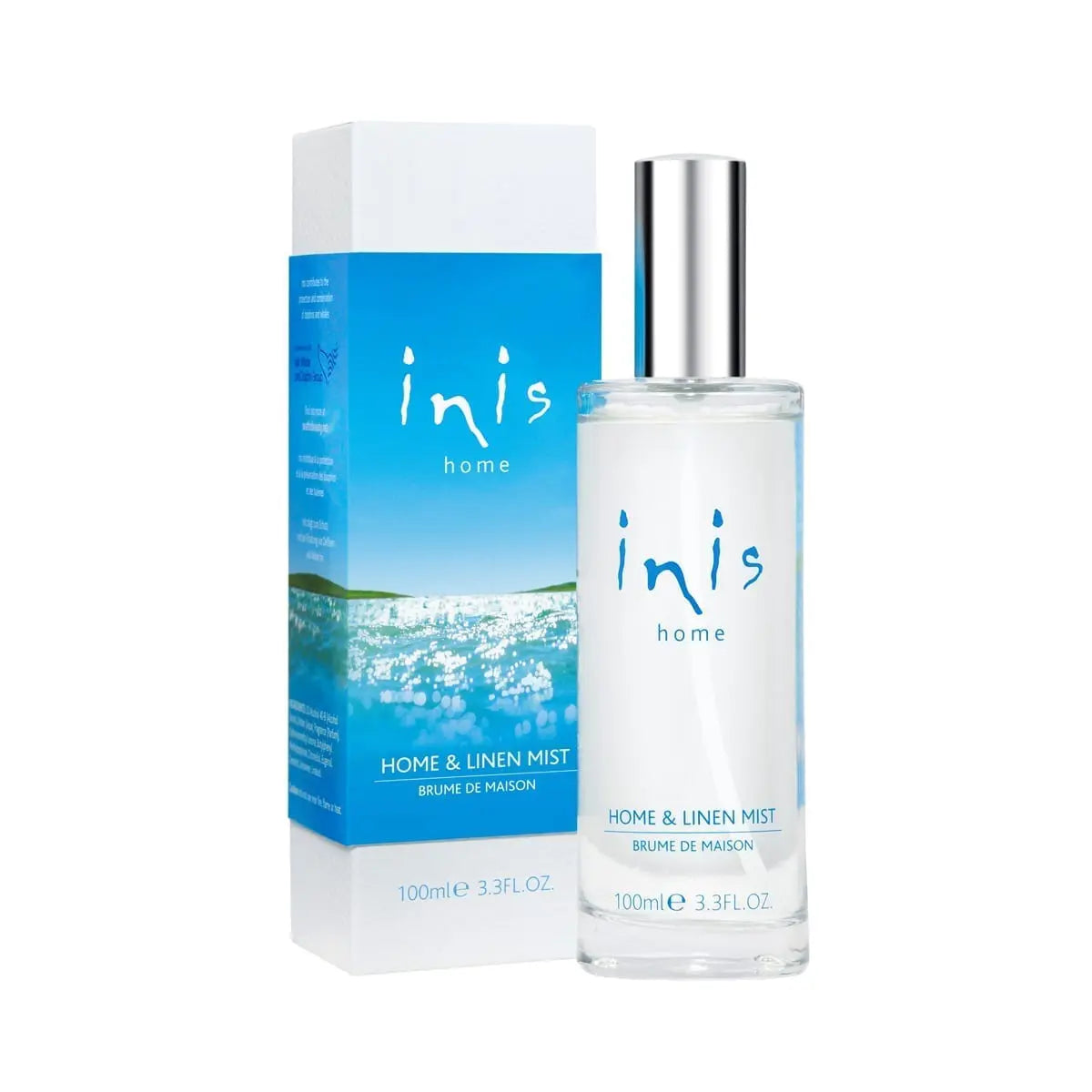 Clear bottle of Inis Home & Linen Mist, silver cap, 100ml size. Unisex fragrance.