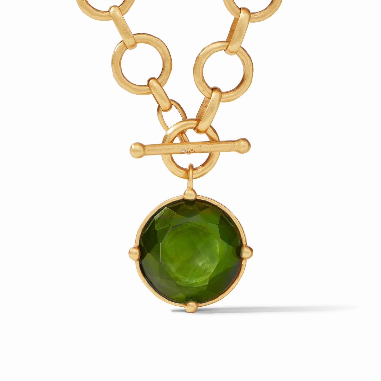 24K gold-plated necklace with large links, iridescent green pendant, and toggle clasp. Sizes: 18", 20".