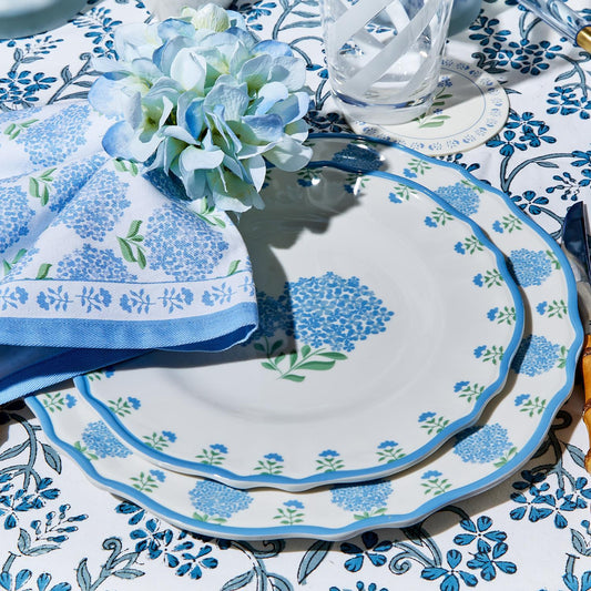 Two Hydrangea Melamine Dinner Plates, dishwasher safe. Available sizes: 10-inch and 8-inch.