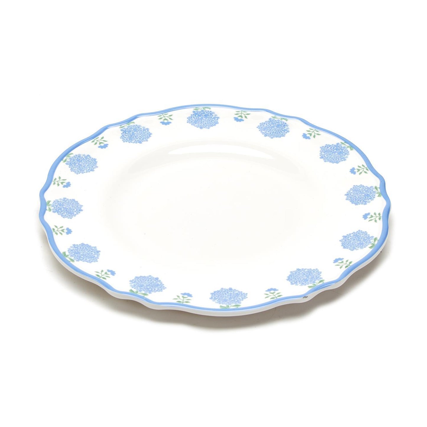 White melamine plate with blue floral pattern, scalloped edge, and light blue rim. Dishwasher safe. Available in 11" size.