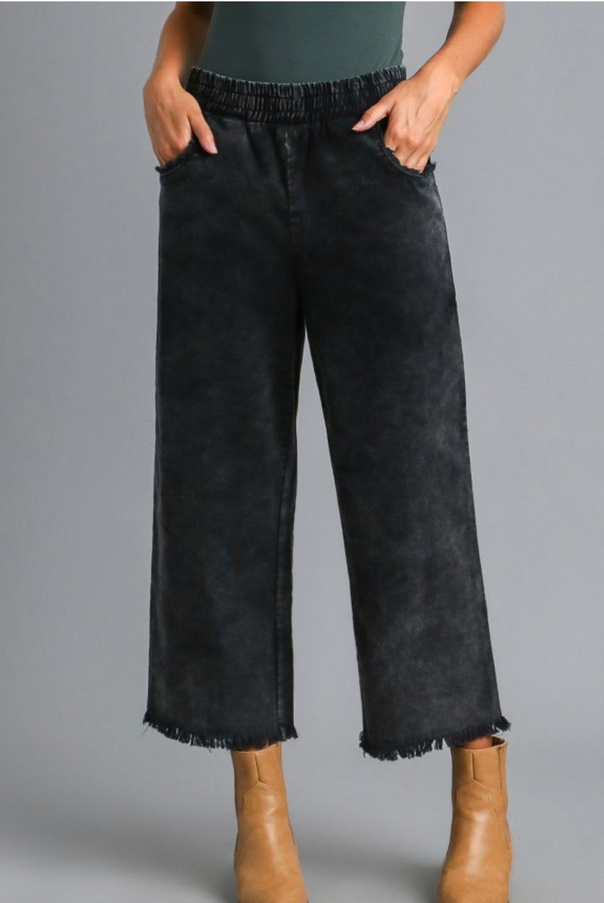 Stone Wash Wide Leg Pants: loose-fitting, black polyester, frayed hem, elastic waistband. Sizes: XS–XL.