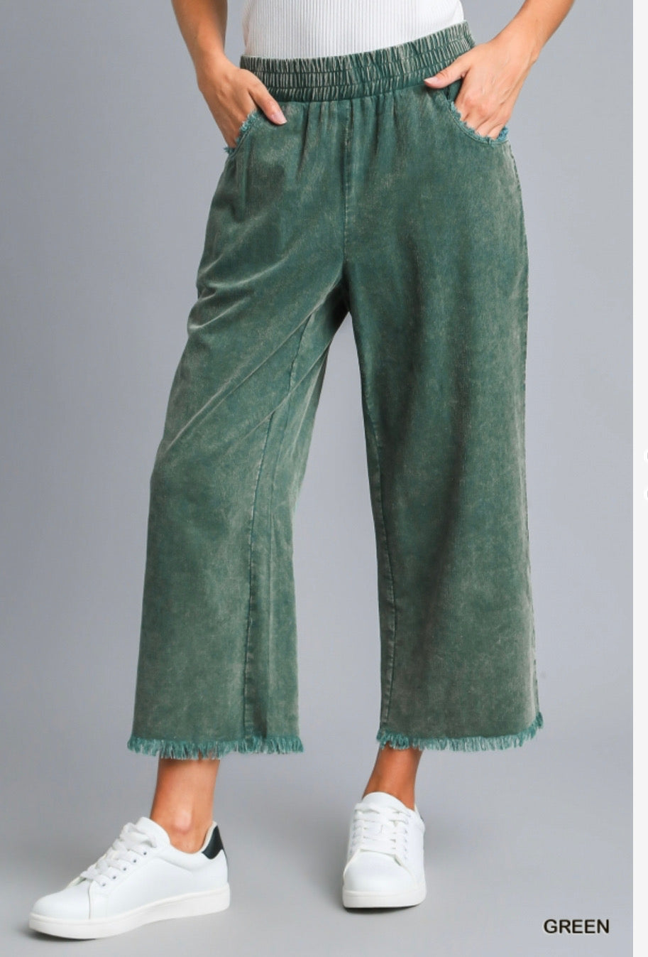 Stone Wash Wide Leg Pants—green, wide-leg, cropped polyester with frayed hems and elastic waist. Available in S, M, L, XL.