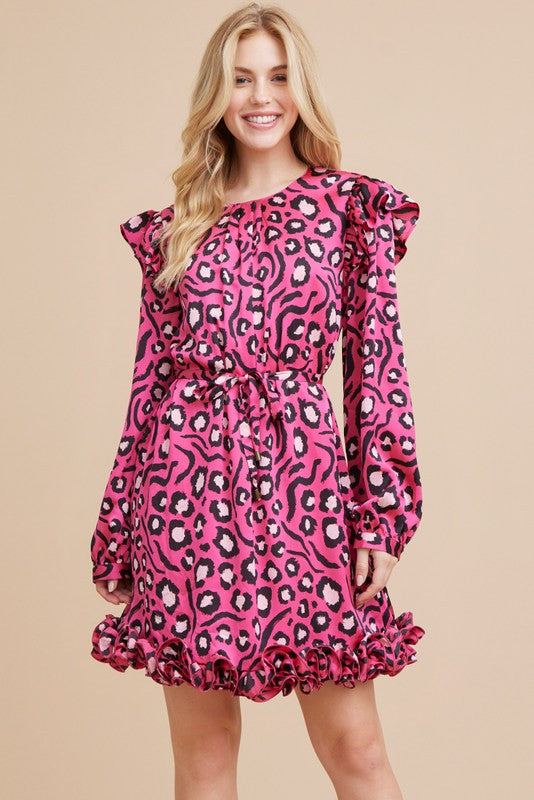 Satin Print Dress features bubble sleeves and ruffle detailing at the hem. Sizes available from XS to XL.