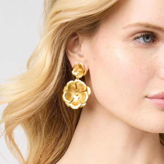 Bloom Statement Earrings by Julie Vos: large 24K gold-plated floral design. Available in small, medium, and large sizes.