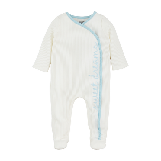 White long sleeved and pants romper with blue stitching and embroidery - says "sweet dreams" in cursive