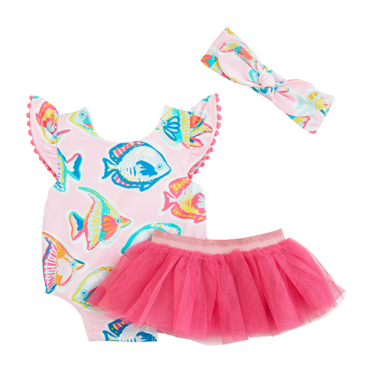 A colorful toddler Fish Reversible Swimsuit Set with fish print and UPF50+ protection, featuring a ruffled pink tutu skirt and a matching bow headband, isolated on a white background.