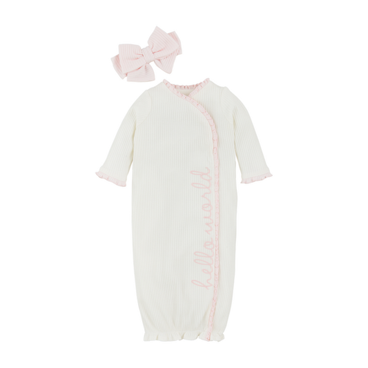A baby's pale pink and white striped Sleeper Gown with "hello world" embroidered in pink script down the front, accompanied by a matching pink bow headband, both isolated on a white background.