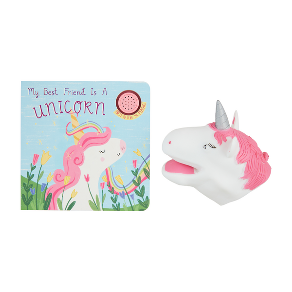 A children's book titled "my best friend is a unicorn" depicting a pink unicorn and flowers, alongside a white unicorn-shaped piggy bank with pink details and an interactive Puppet Board Book.