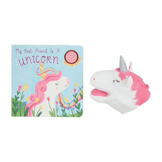 A children's book titled "my best friend is a unicorn" depicting a pink unicorn and flowers, alongside a white unicorn-shaped piggy bank with pink details and an interactive Puppet Board Book.