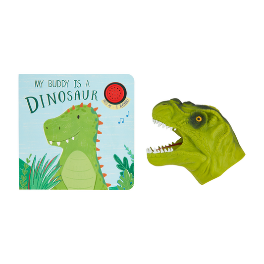 A children's book titled "my buddy is a dinosaur" with a friendly green dinosaur on the cover, next to a Puppet Board Book featuring interactive storytelling.