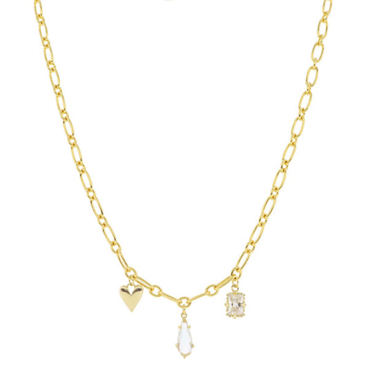 18K Gold Plated Charms Necklace featuring three individual pendants: a heart, a teardrop crystal, and an emerald square gem. Available in one standard size.