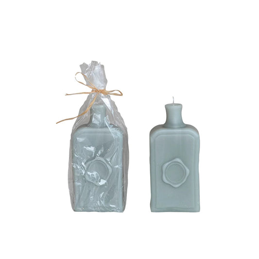 Two gray unscented embossed vintage bottle-shaped candles. Available sizes: 6" and 8".