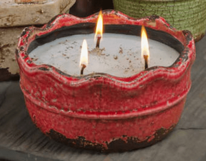 Red ceramic Ruffled Bowl Candle with wavy rim, three wicks, 16 oz soy wax. Slightly uneven for a unique look.