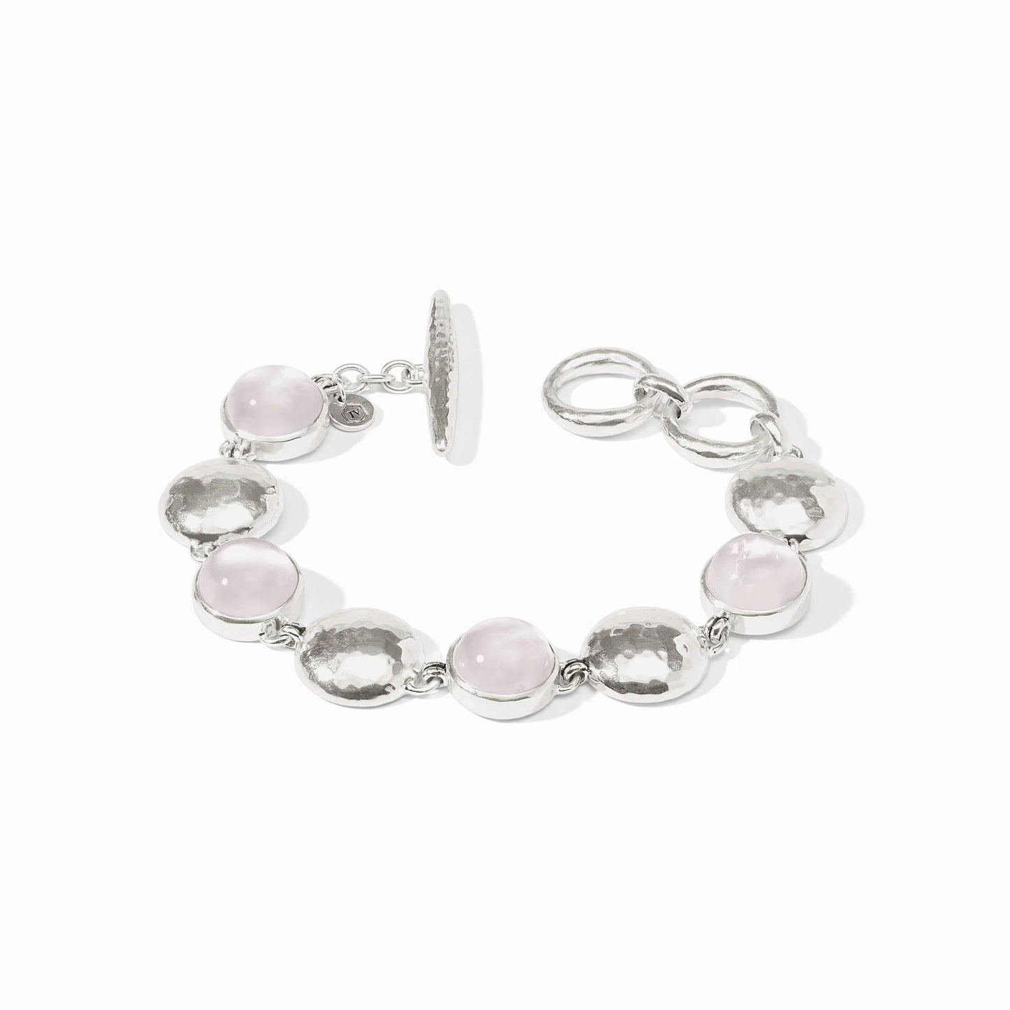 Silver bracelet with rose quartz, iridescent stones, hammered discs, toggle clasp. Available in S, M, L.