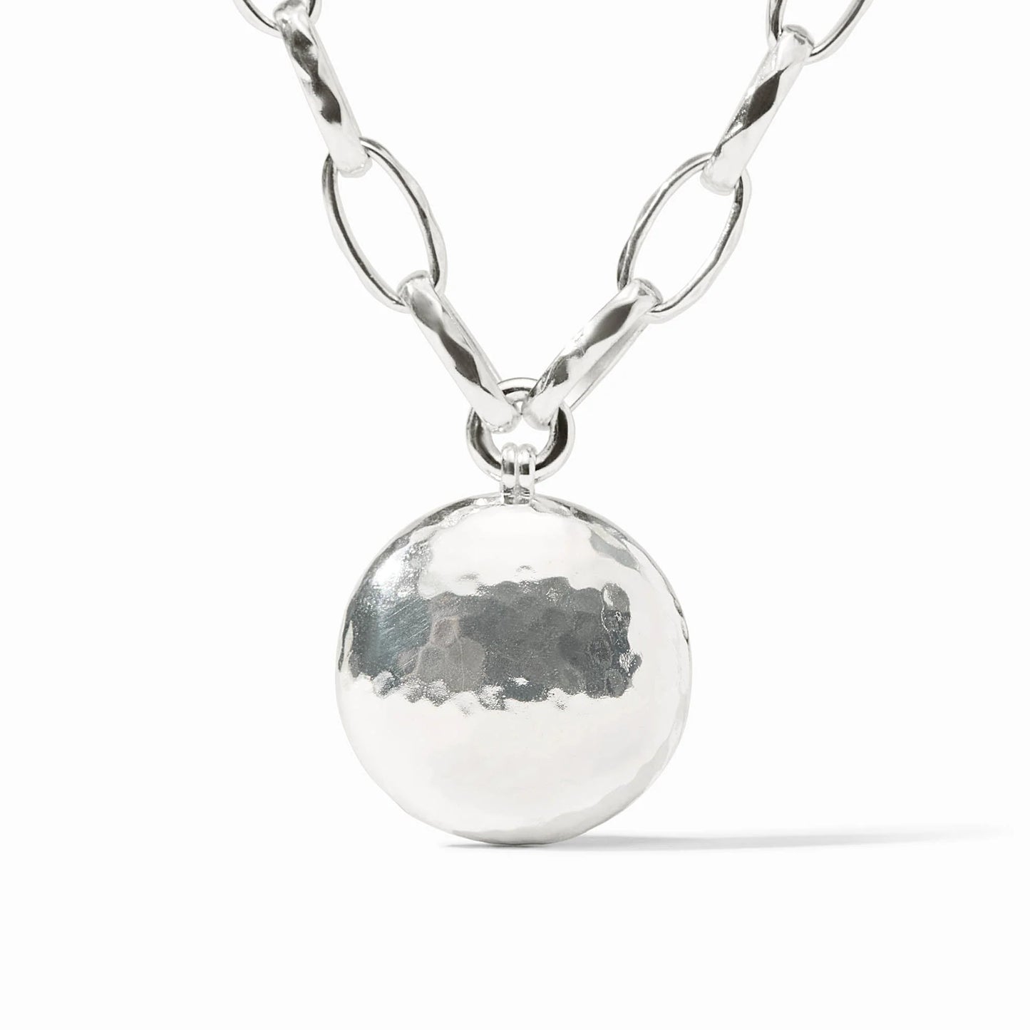 The Solara Necklace Silver has large oval links and a round hammered pendant. Available lengths: 16", 18", 20".