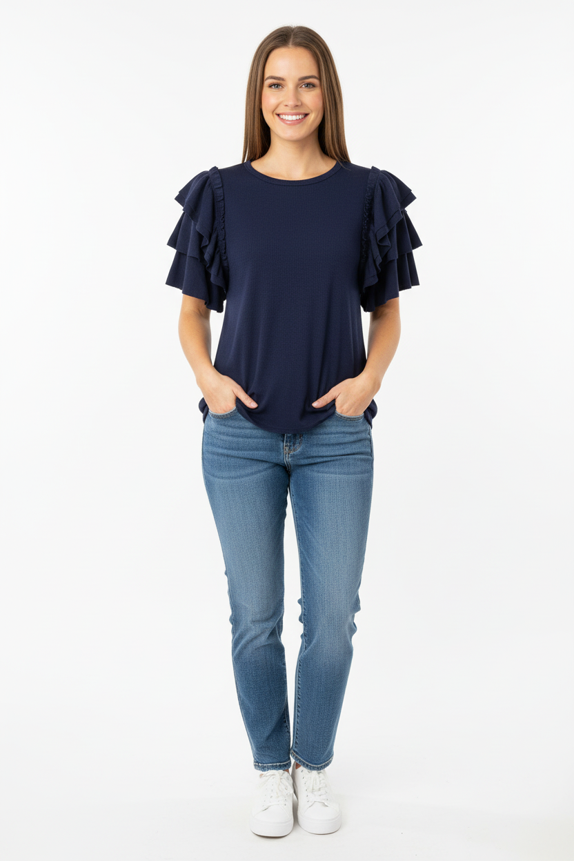 Blue Double Ruffled Short Sleeve Top | P.S Kate