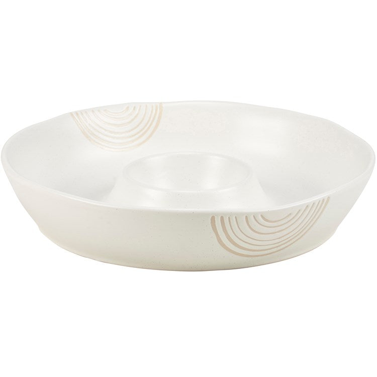 Round white chip and dip bowl with center dip section, divided platter, beige arc rim. Available sizes: small, medium, large.