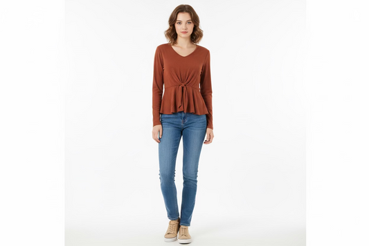 Burnt Orange Long Sleeve Tied Waist top by White Birch. Available in sizes S-XL.
