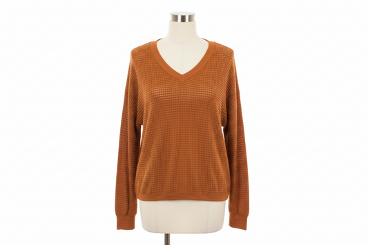 Burnt Orange V Neck Waffle Long Sleeve; available sizes: S, M, L, XL.