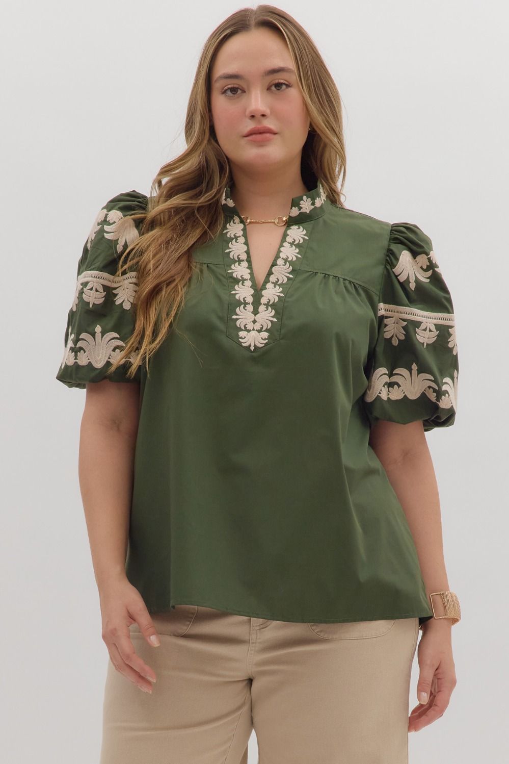 Olive Embroidered Top