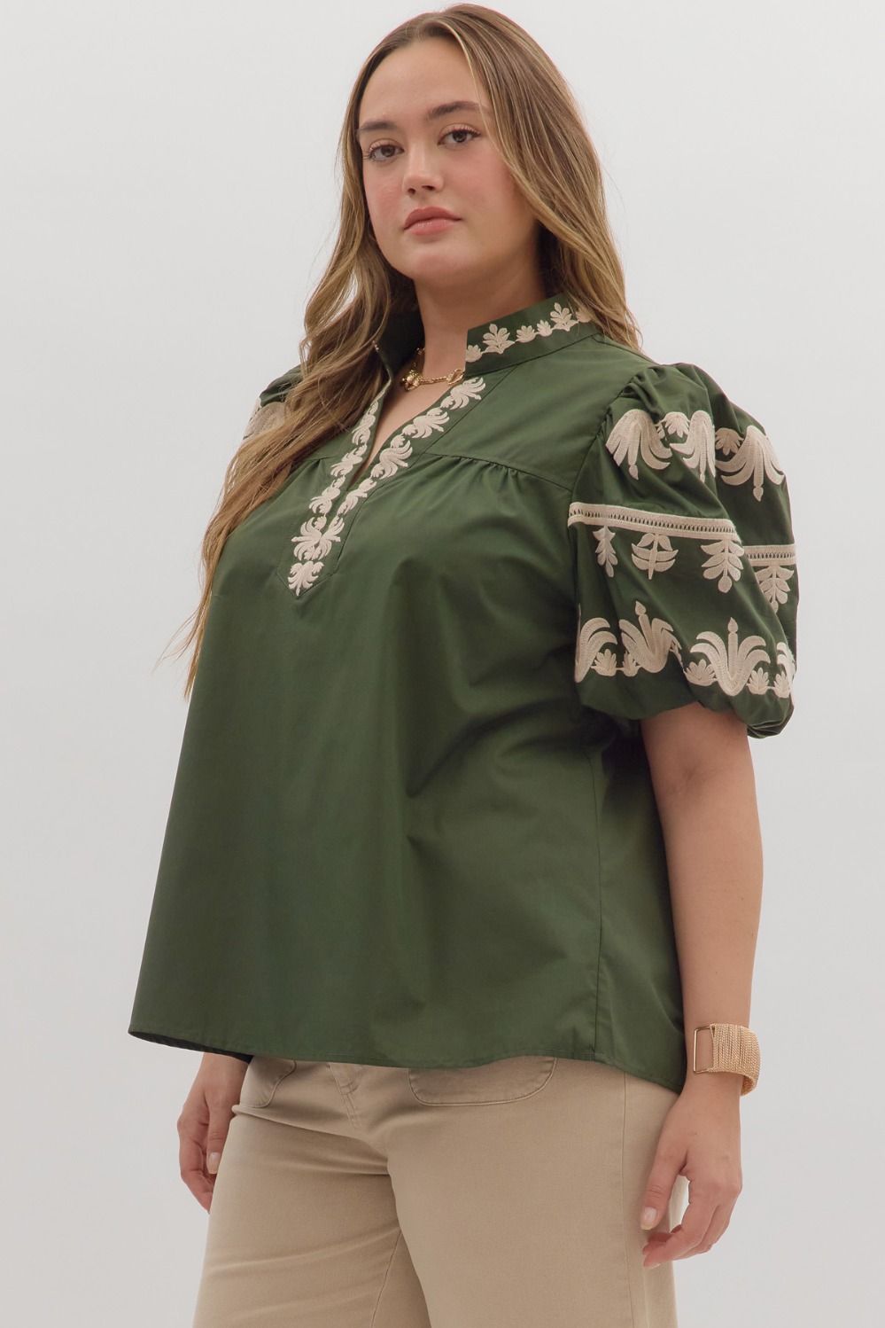 Olive Embroidered Top