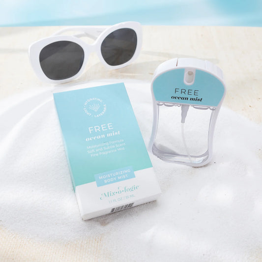 Free Ocean Moisturizing Body Mist | Mix O Logie bottle and box. Sizes: 4 oz, 8 oz. White sunglasses not described.