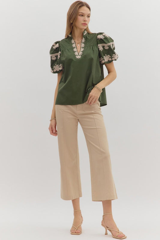 Olive Embroidered Top