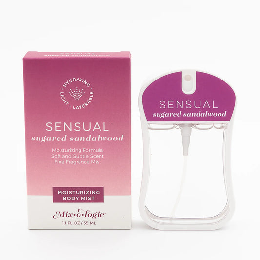 Mix O Logie Sugared Sandalwood Body Mist in pink and white bottle and box; hydrating, lightweight scent. Sizes: 8ml, 35ml.