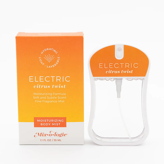 Electric Citrus Twist Mix O Logie body mist in clear spray bottle and box; moisturizing, refreshing; available in 1 fl oz, 4 fl oz.