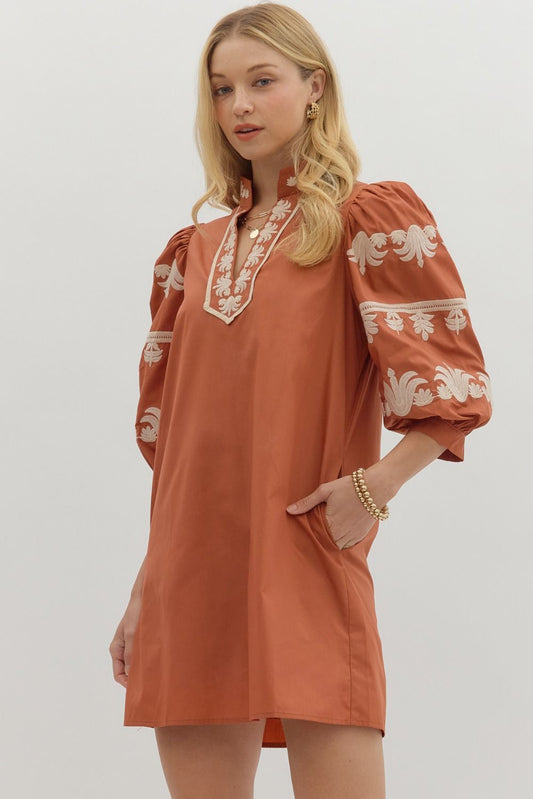 Pumpkin Embroidered Sleeve Dress