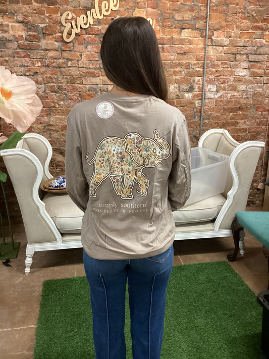 Wildflower Elephant Long Sleeve T-Shirt in mocha with floral elephant print, "Simply Southern Conserve & Protect" text. Sizes S-XXL.