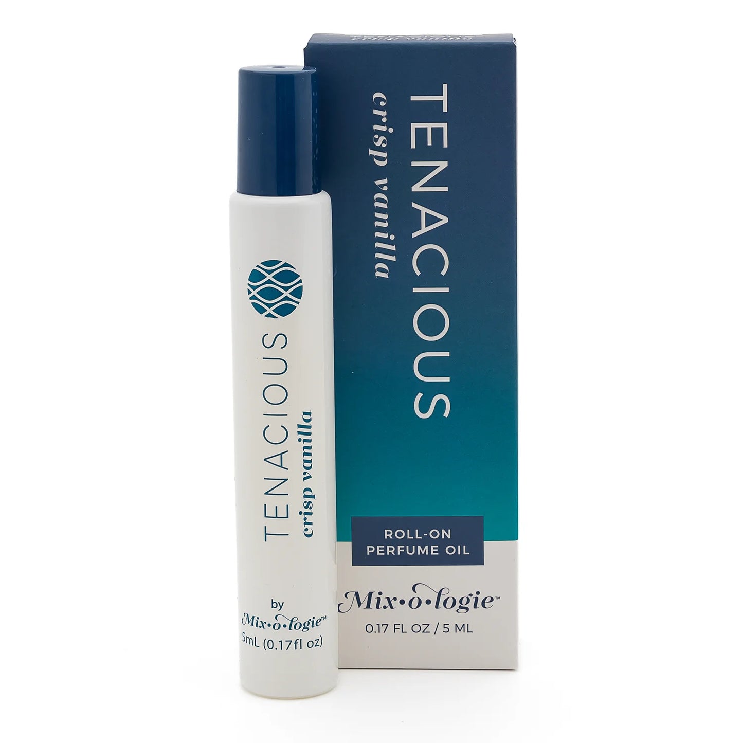 Tenacious Perfume Oil Roll On by Mix O Logie, 0.17 fl oz (5 ml), with roll-on applicator; blue and white box included.