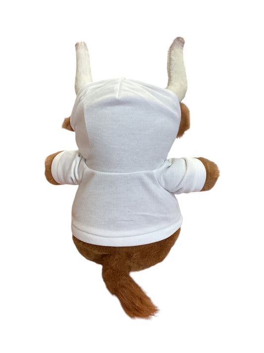 Mix-A-Pet bull plush clothing: white hoodie with horns, brown tail and arms. Available in small, medium, large sizes.