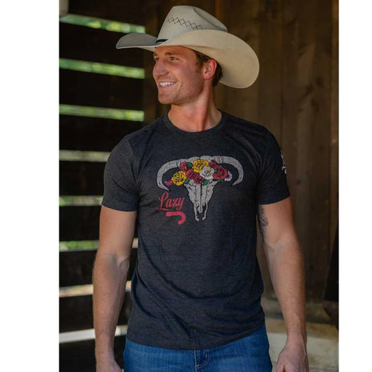 Lazy J Ranch Skull & Flowers grey short sleeve t-shirt with bull skull and colorful flowers. Available in sizes S-XXL.