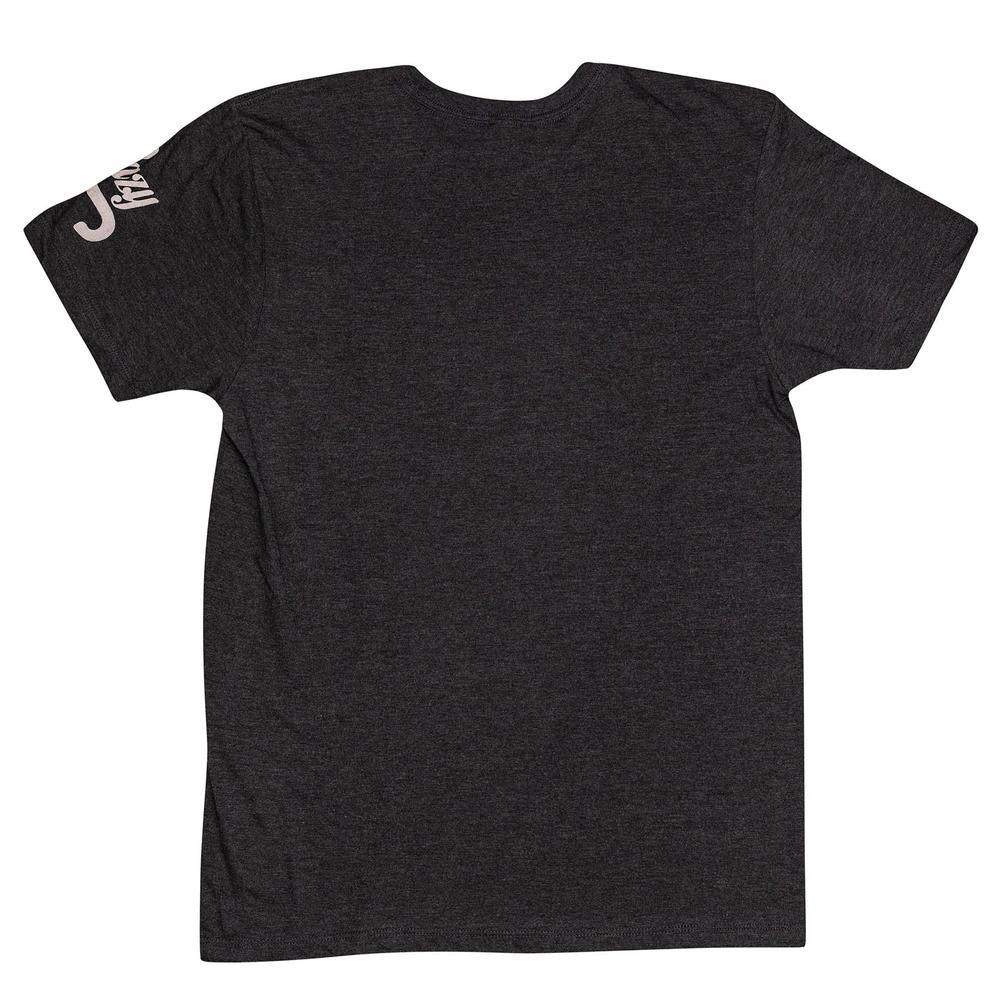 Grey cotton-poly blend short sleeve tee, back view, small white logo on right shoulder. Sizes: S-XXL.