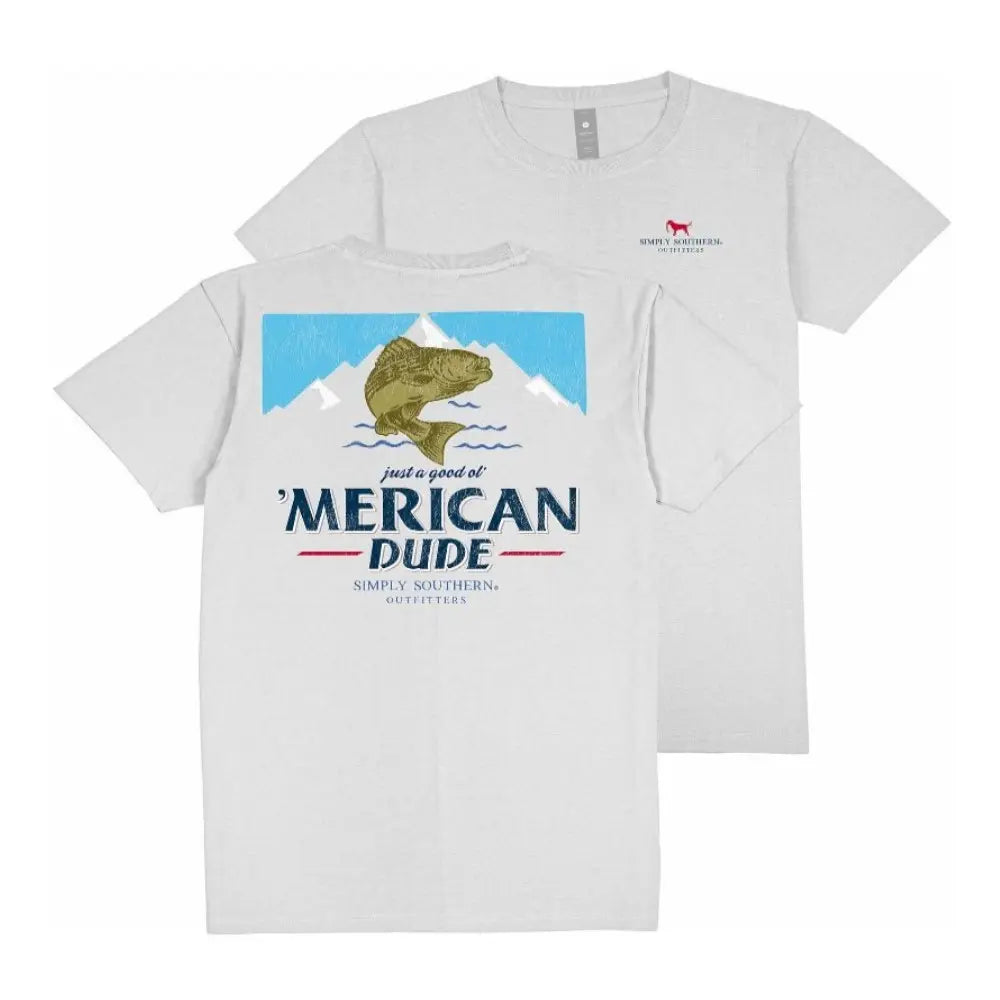 Light gray short sleeve tee with small red dog on front, fish and mountains graphic on back. Sizes: S-XXL.
