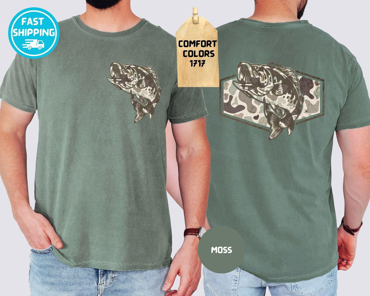 Moss green Camo Fish T-Shirt with small chest and large back fish graphics. Comfort Colors 1717. Sizes S-XXL. Fast shipping.