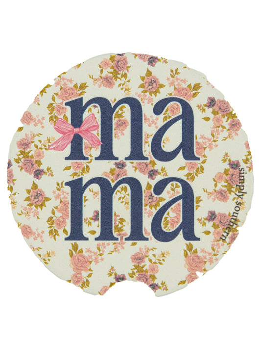 Round Simply Southern Car Coasters, absorbent, "mama" in blue, pink bow on "m," floral pattern. Fits most cup holders. One size.