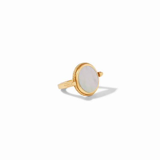 The Coin Revolving Ring by Julie Vos has a round mother-of-pearl center with a textured gold bezel. Available in multiple sizes.